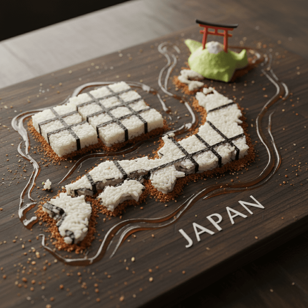 Gemini Image Prompt for app, 3d: A gourmet presentation board offers JAPAN as a delicious art...
