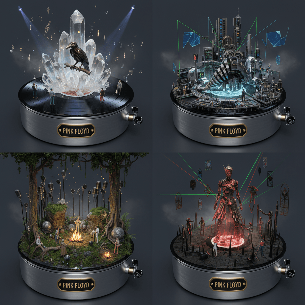 Gemini Image Prompt for app, 3d: **Input Variable:** INSERT BAND/ALBUM (e.g., Pink Floyd, Daf...