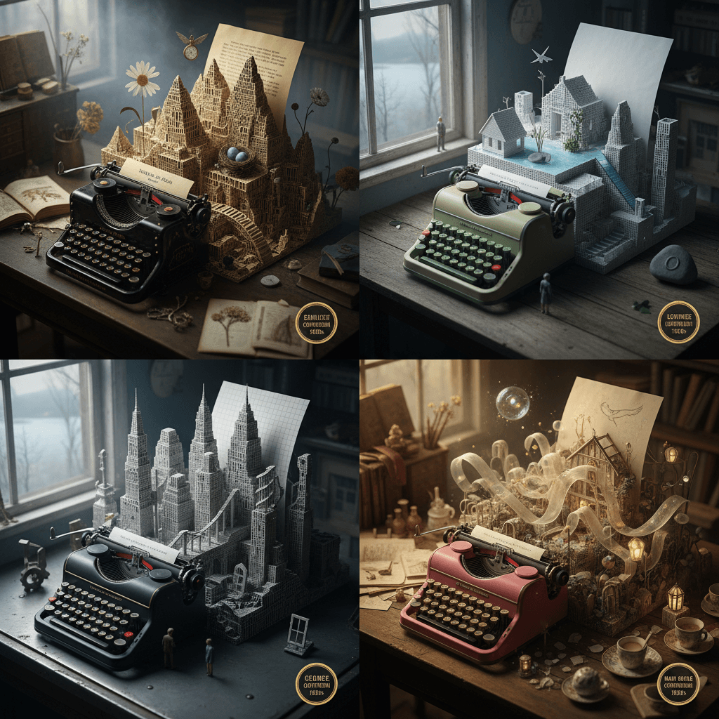 Gemini Image Prompt for 3d: Role: Literary Archivist & Artisanal Writer's Block Assemble...