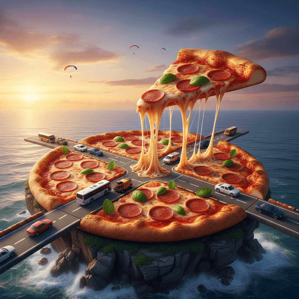 Gemini Image Prompt for food: A colossal pepperoni pizza, sculpted into the form of a circ...