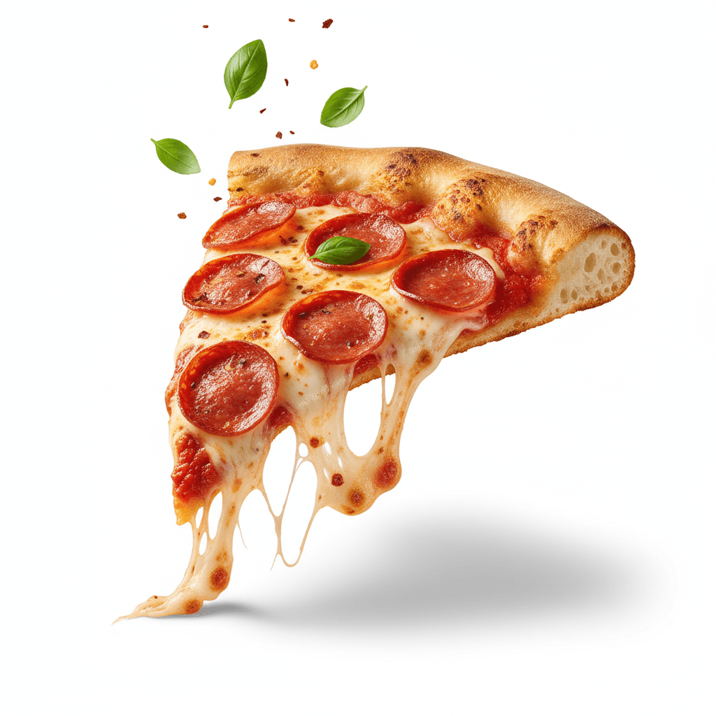 Gemini Image Prompt for food: - A hyper-realistic, studio-shot pepperoni pizza slice, perf...