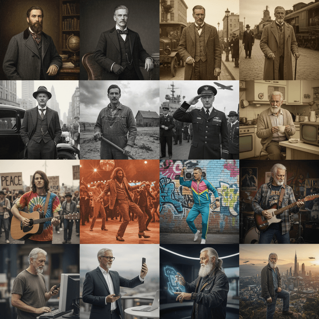 Gemini Image Prompt for other: Create a 4x4 Time-Traveling Photo Album spanning from 1880 t...