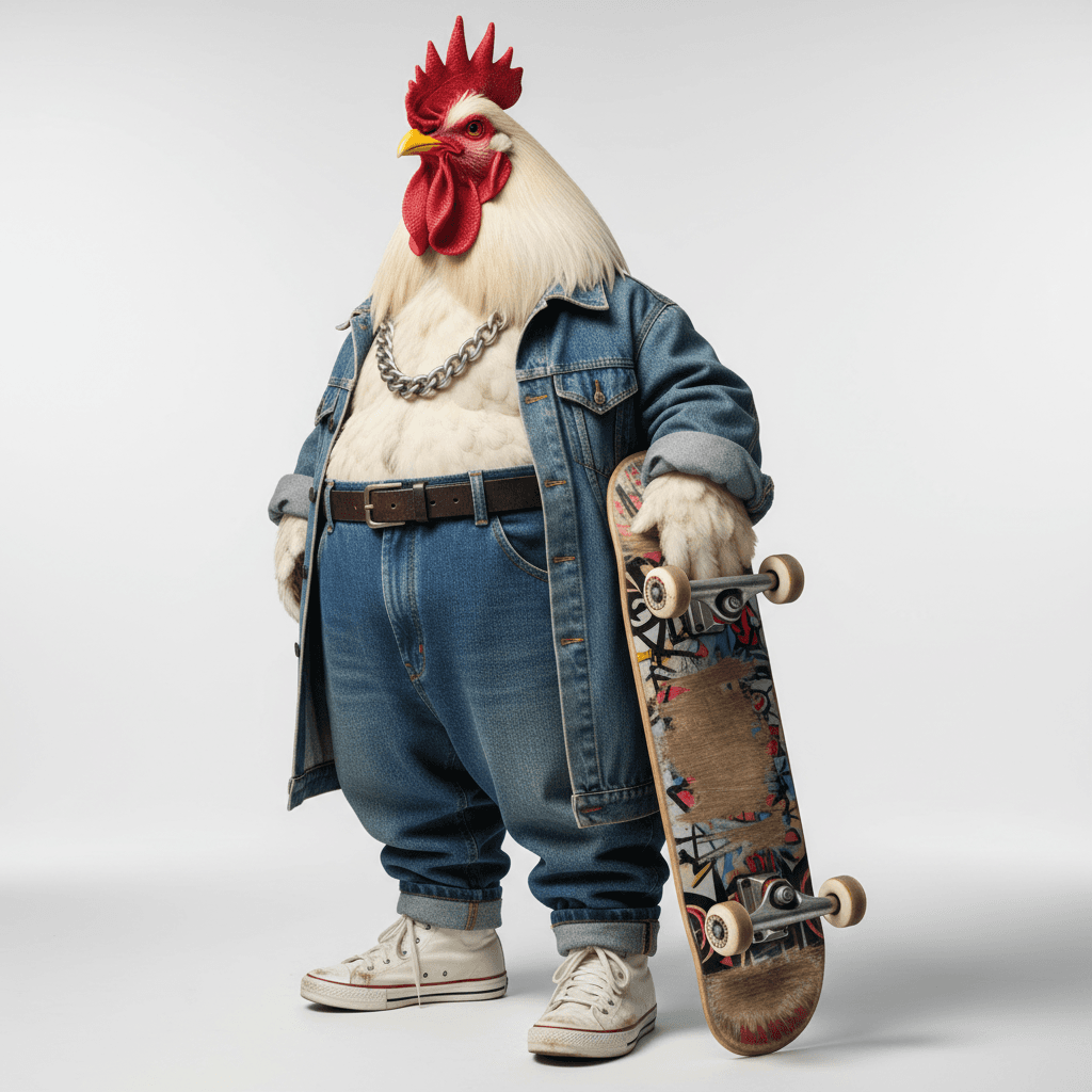 Gemini Image Prompt for 3d: Lifelike studio photograph of a human-like rooster embodying...