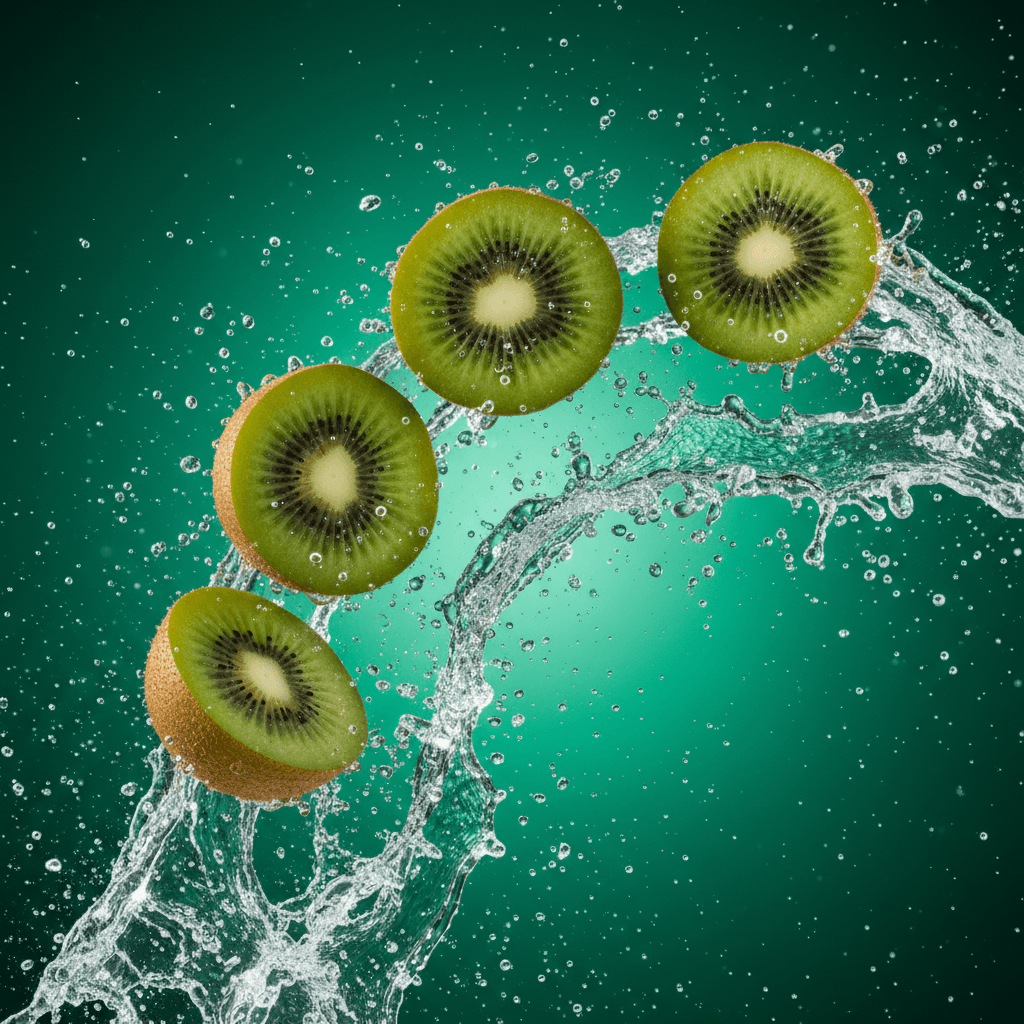 Gemini Image Prompt for food: A photorealistic depiction of a segmented kiwi fruit in mid-...
