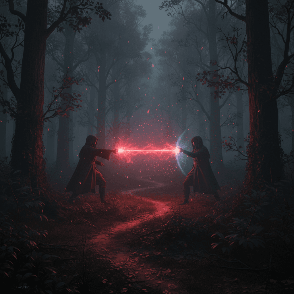 Gemini Image Prompt for other: An intense, cinematic vista within a somber, misty woodland,...