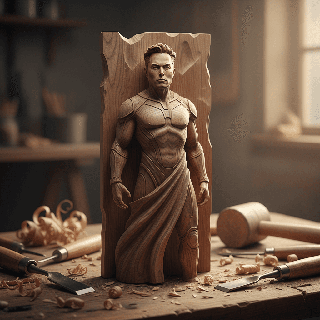 Gemini Image Prompt for other, 3d: A handcrafted wooden statuette of Elon Musk, exhibiting dist...