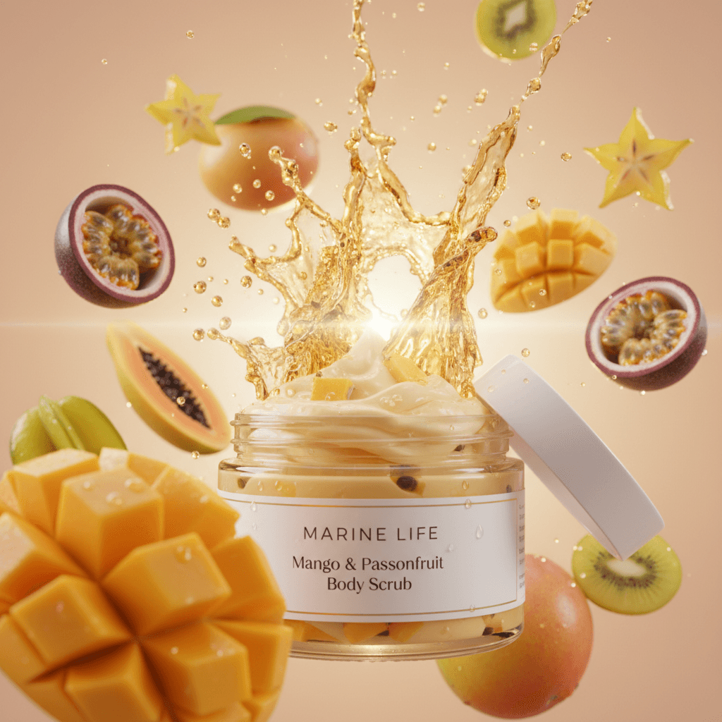 Gemini Image Prompt for product: Visual production of an opulent tropical body exfoliator, wi...