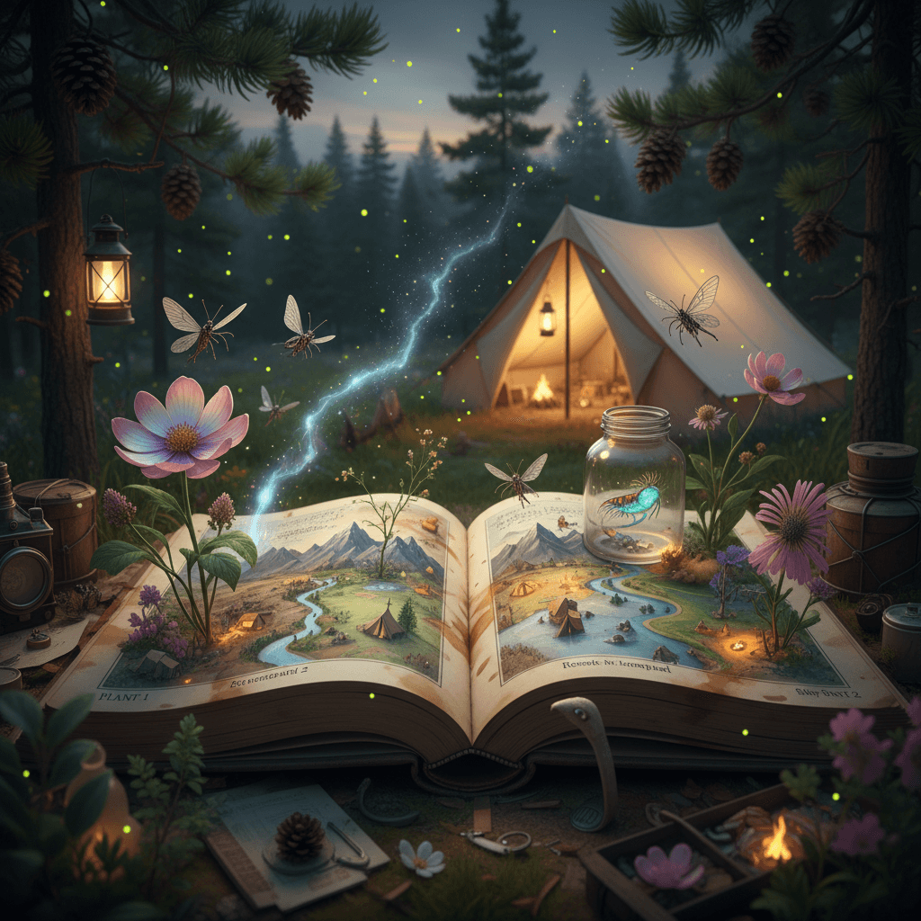 Gemini Image Prompt for 3d: Grand digital render: a time-worn exploration log rests a'to...