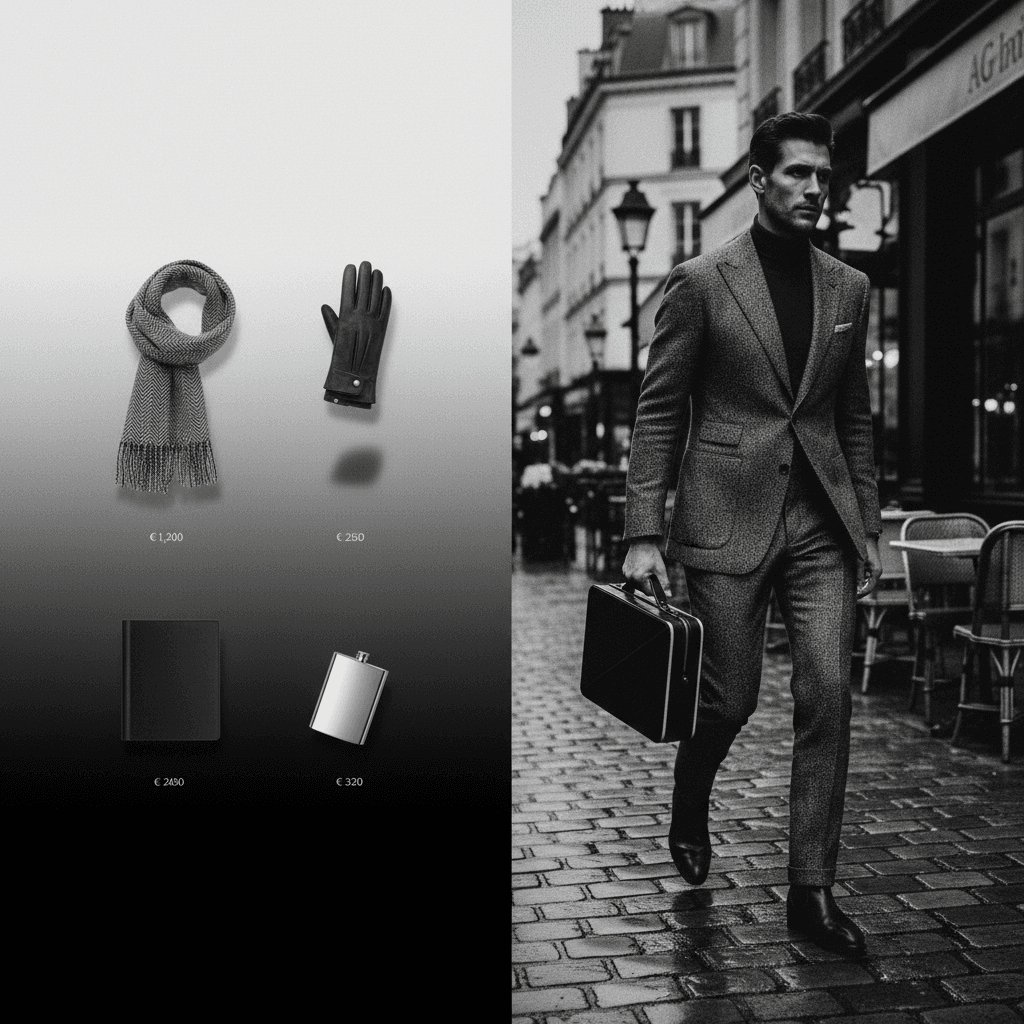 Gemini Image Prompt for product: A sophisticated monochromatic editorial spread, formatted in...