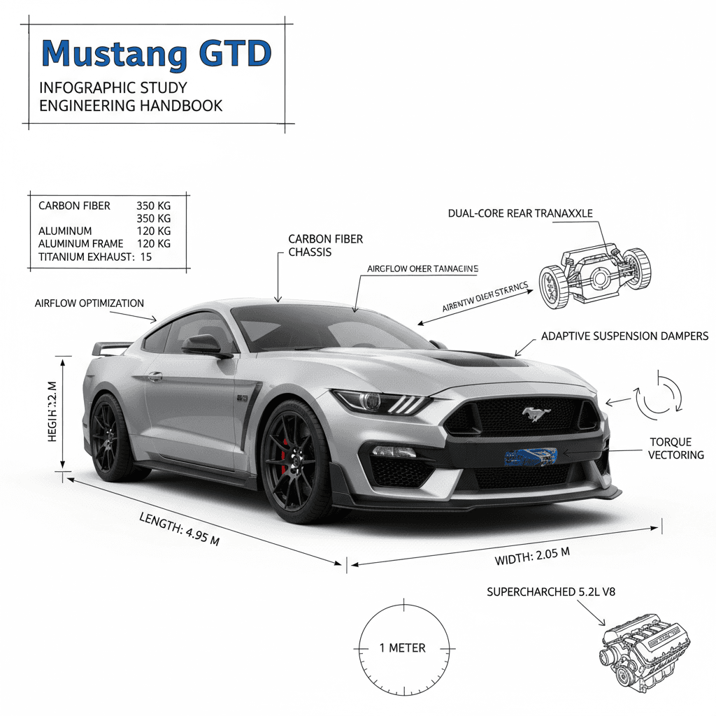 Gemini Image Prompt for product: Generate an infographic artwork depicting the Mustang GTD, s...
