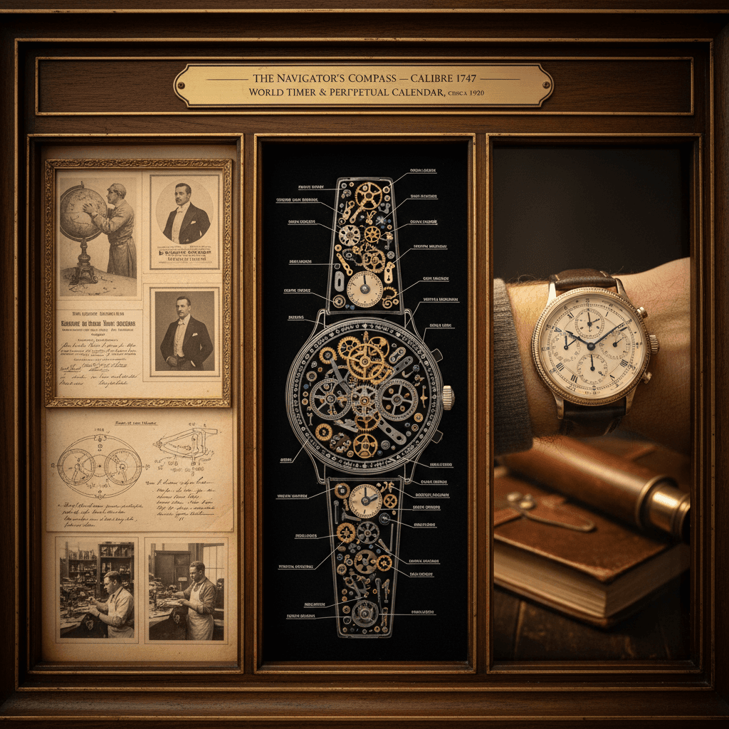 Gemini Image Prompt for product: A horologist's technical display board detailing a TIMEPIECE...