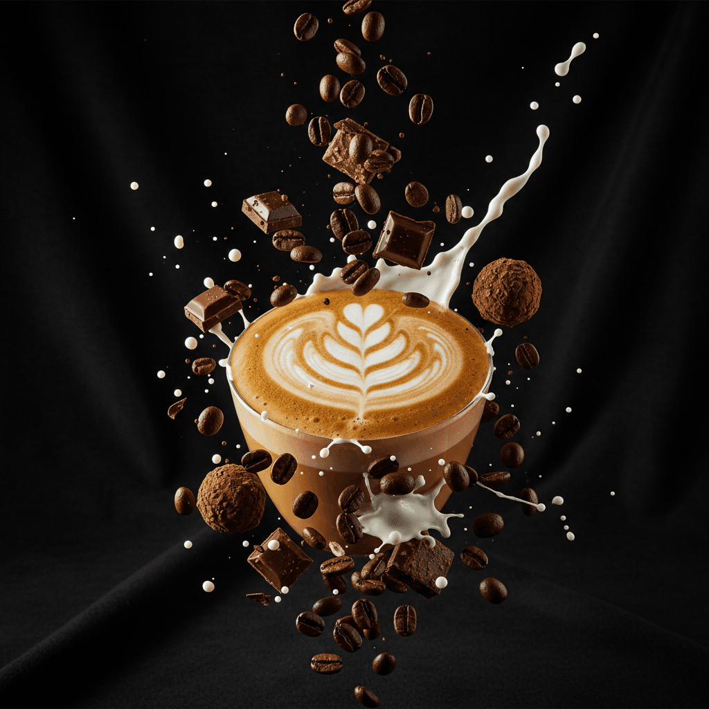 Gemini Image Prompt for food: Cinematic vertical tableau featuring coffee components adrif...