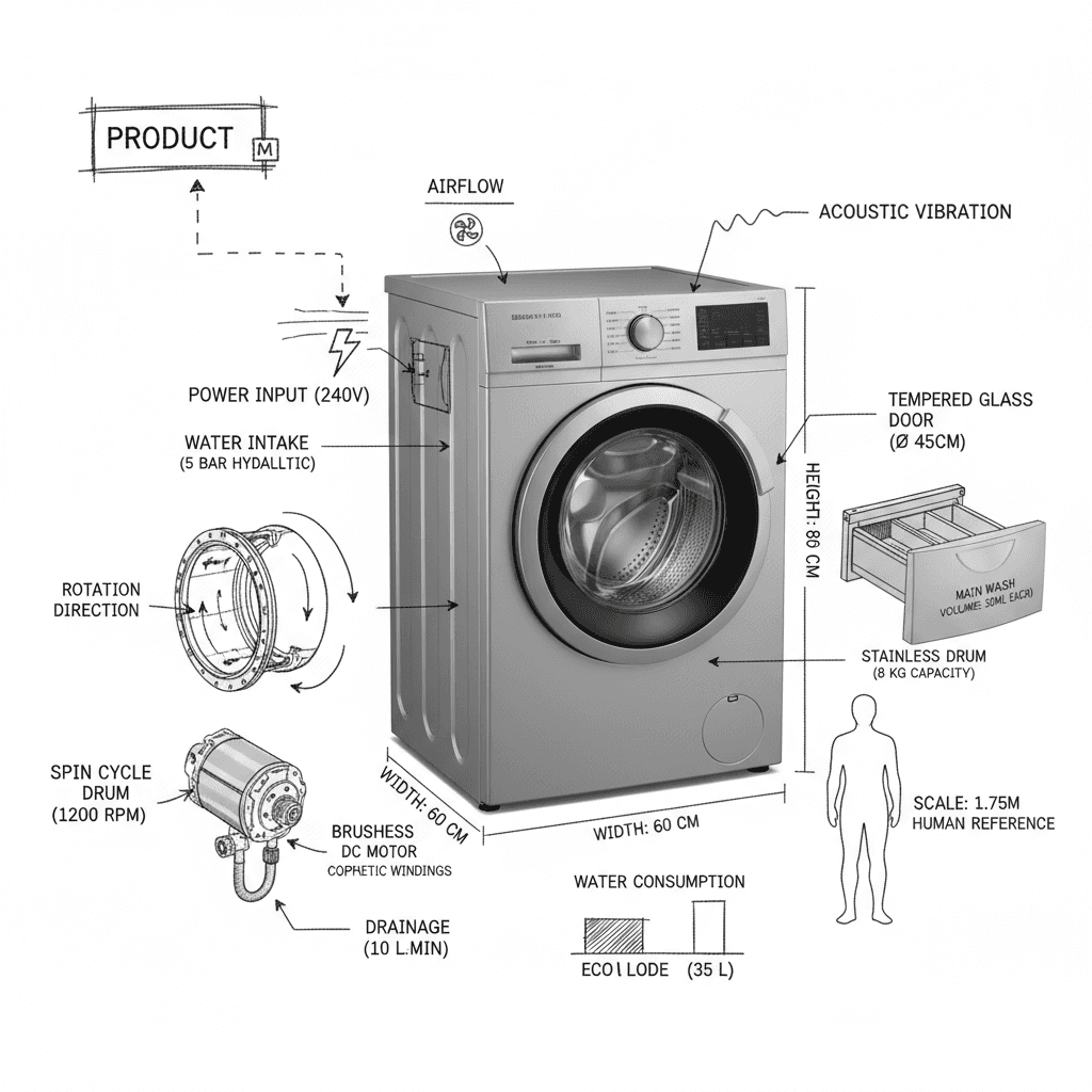 Gemini Image Prompt for other: Generate a visual data representation of a washing machine,...